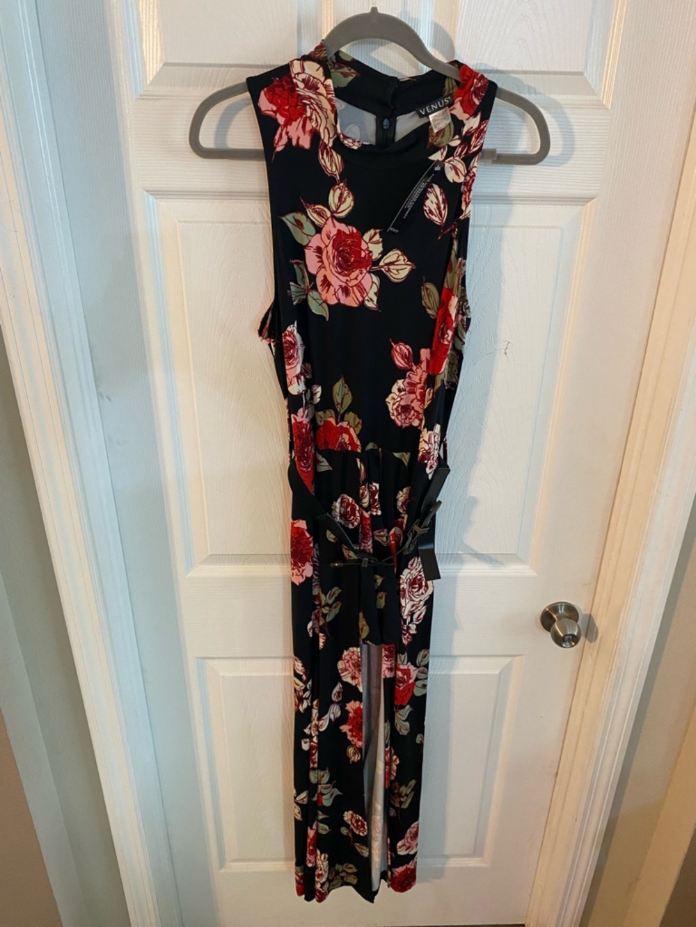 VENUS Black  shorts with long skirt open Jumpsuit with Red and Pink Floral Print
